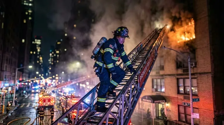 Operación de rescate en altura de bomberos con equipo contra incendios profesional