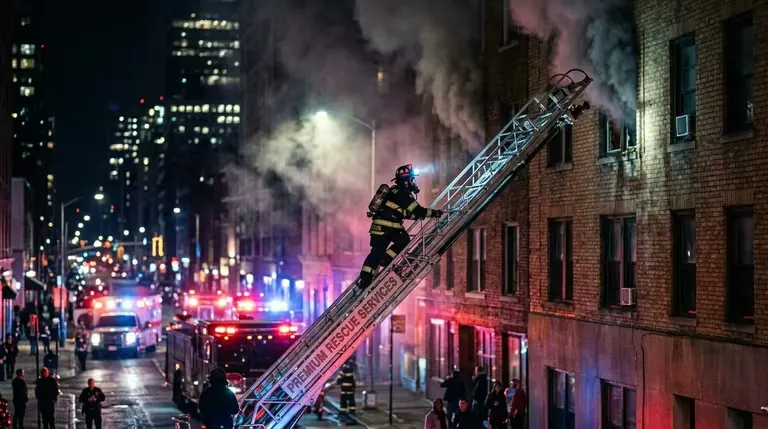 Operación de rescate en altura de bomberos con equipo contra incendios profesional