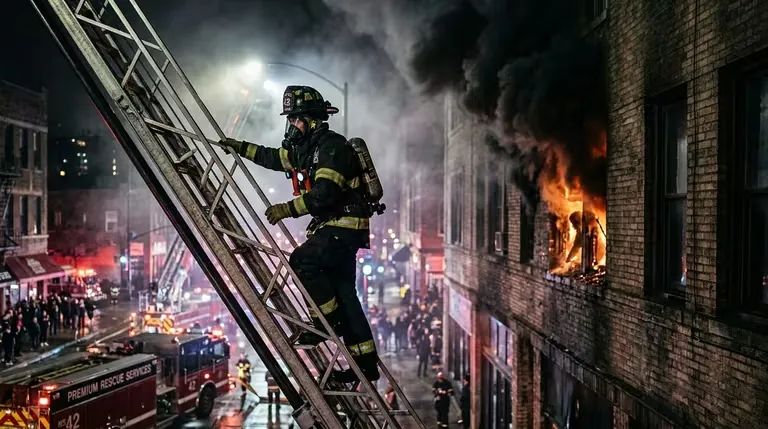 Operación de rescate en altura de bomberos con equipo contra incendios profesional