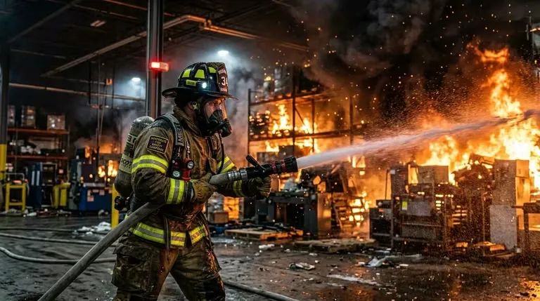 Bombero combatiendo un incendio estructural con equipo de protección certificado