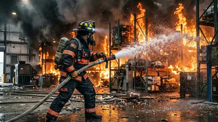 Bombero combatiendo un incendio estructural con equipo de protección certificado