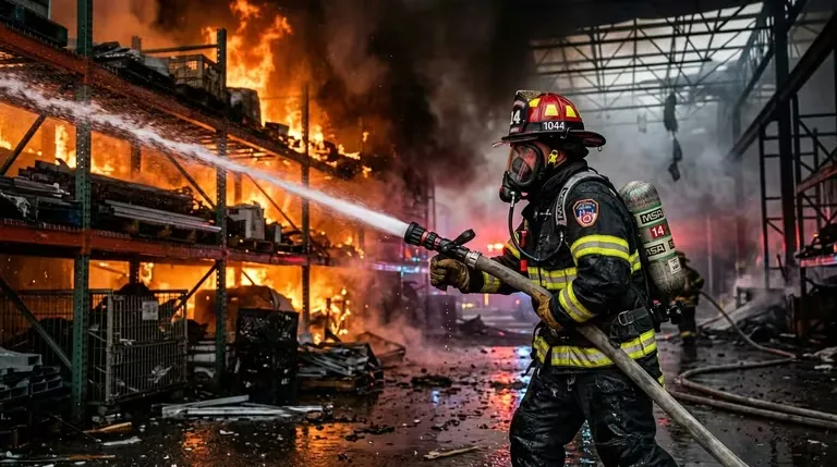 Bombero combatiendo un incendio estructural con equipo de protección certificado