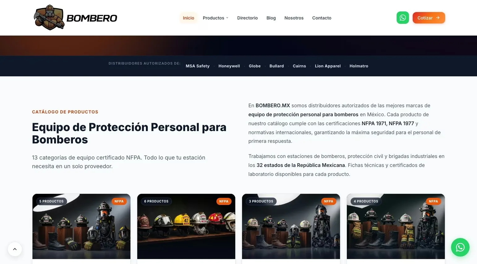 Catálogo por categoría de bombero.mx — EPP, SCBA y trajes estructurales NFPA