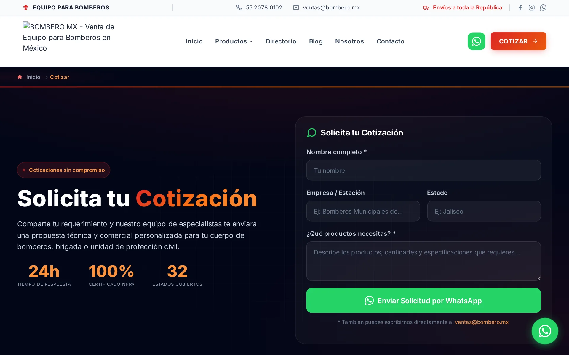 Cotización en línea de BOMBERO.MX — solicitud de equipo para bomberos