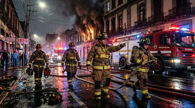 Brigada de bomberos en respuesta a una emergencia con equipo contra incendios