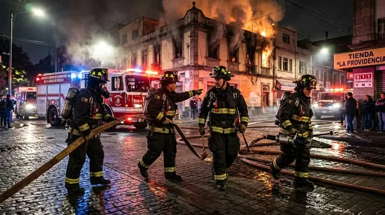 Brigada de bomberos en respuesta a una emergencia con equipo contra incendios