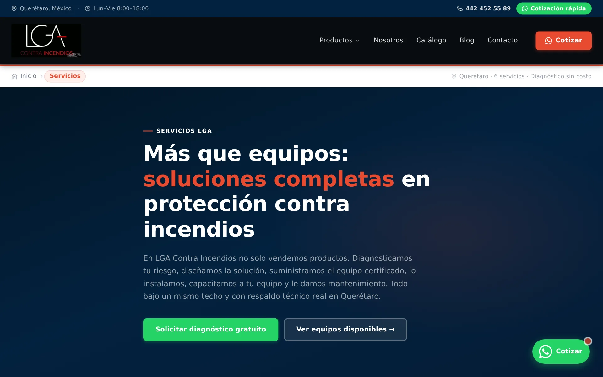 Página de servicios del sitio de LGA Contra Incendios