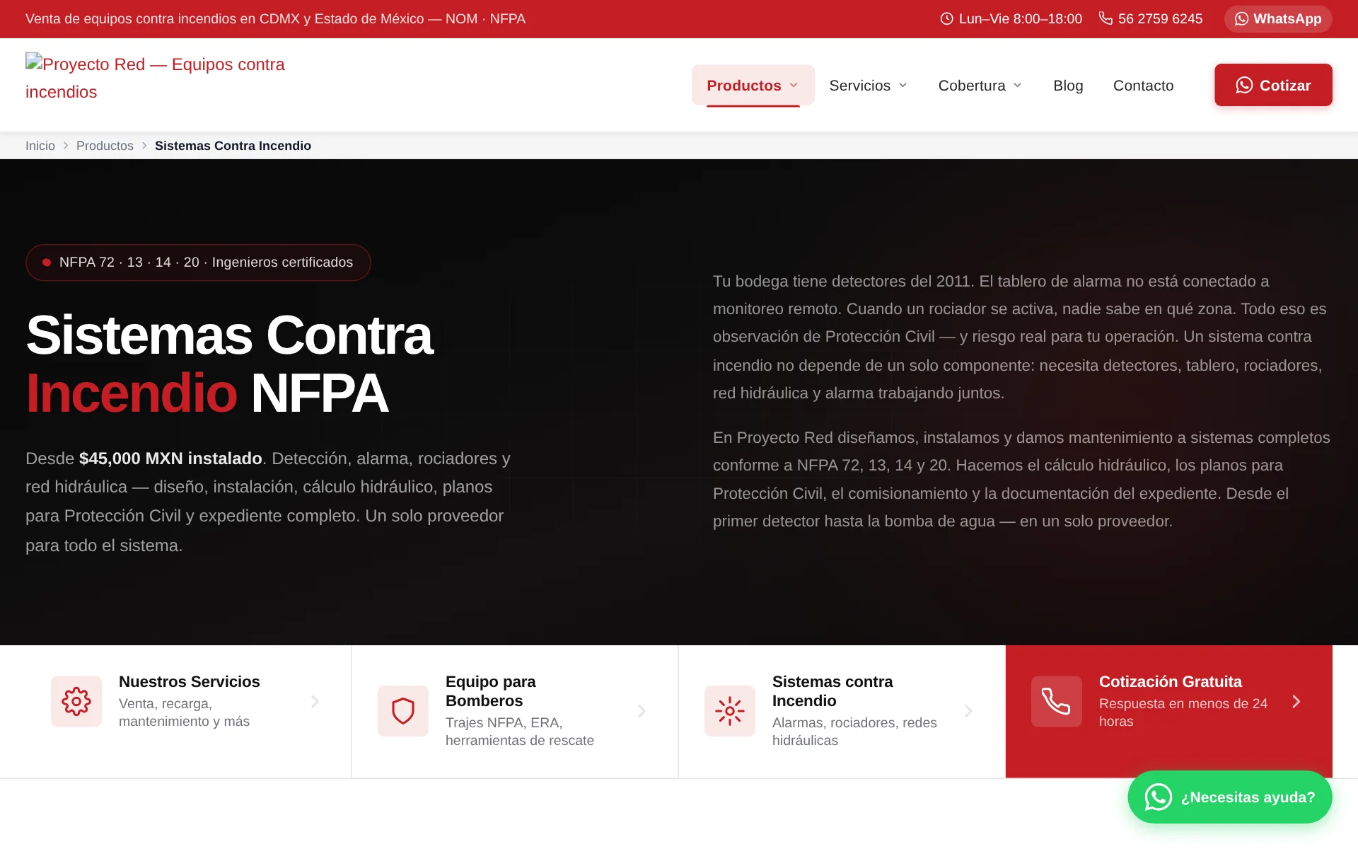 Sistemas contra incendio en el sitio de ProyectoRed — rociadores, detección, supresión
