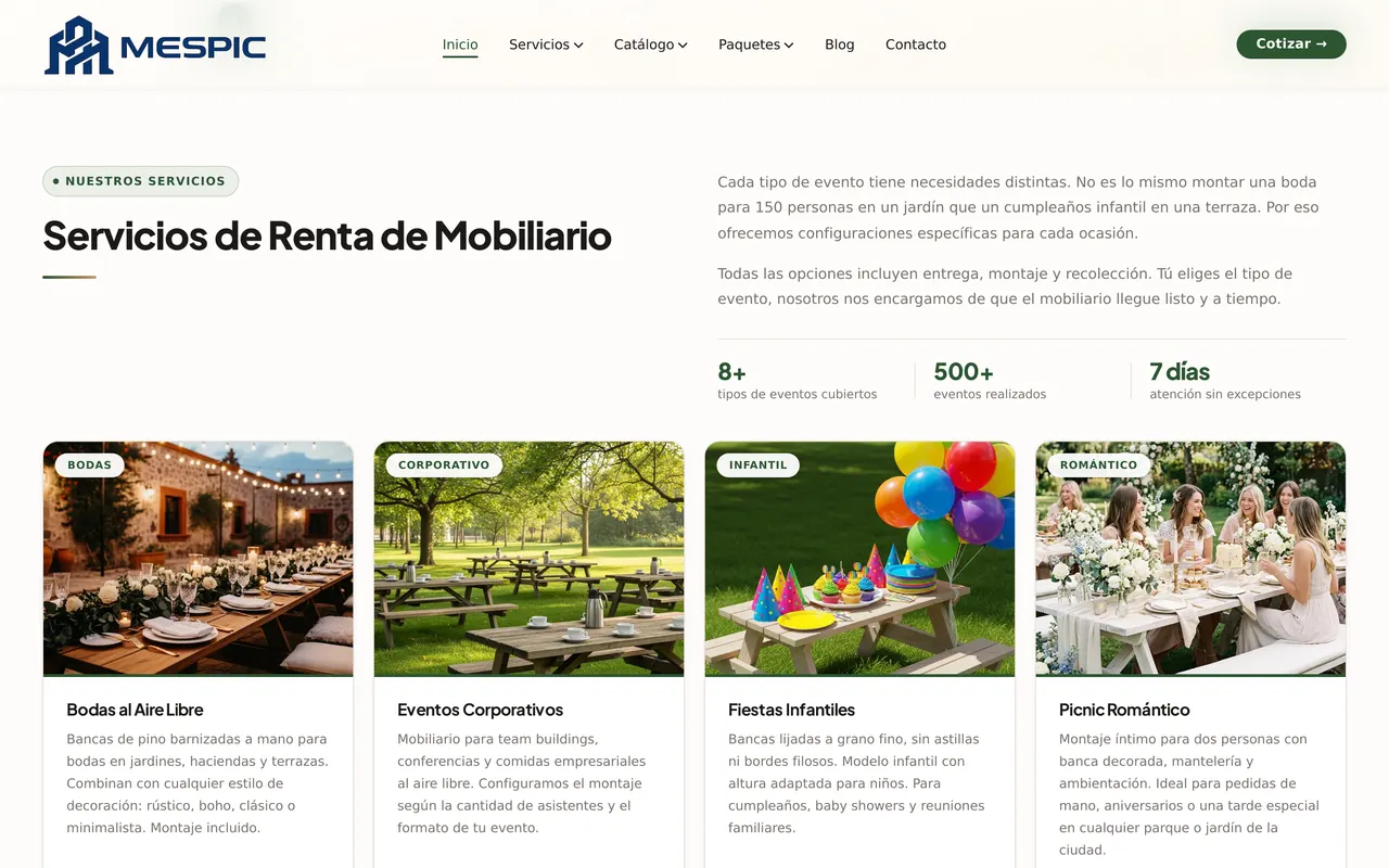 Servicios de MESPIC por tipo de evento — mobiliario para eventos
